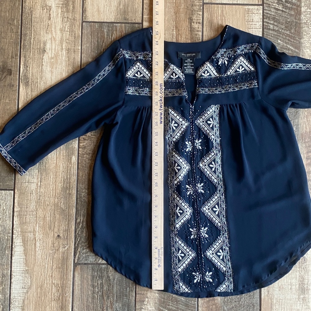 MM Couture Navy Embroidered Split V-Neck Tunic - Picture 12 of 12